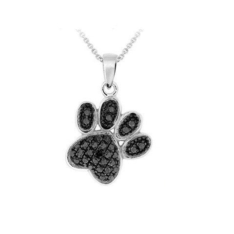 Silver Overlay Black Diamond Accent  Paw Print Pendant with 18" Chain