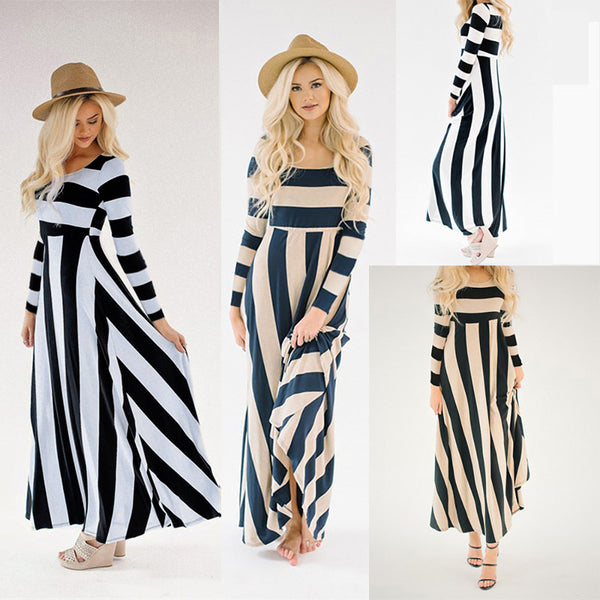 Women Long Sleeve Striped Maxi Dress