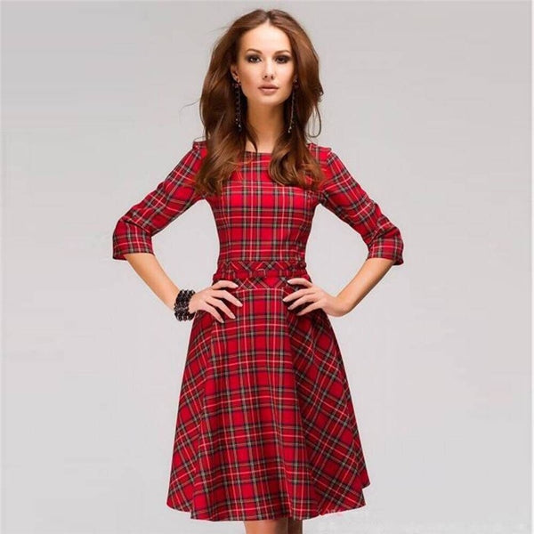 Scottish plaid red mini dress Elegant Three Quarter Sleeve O-neck