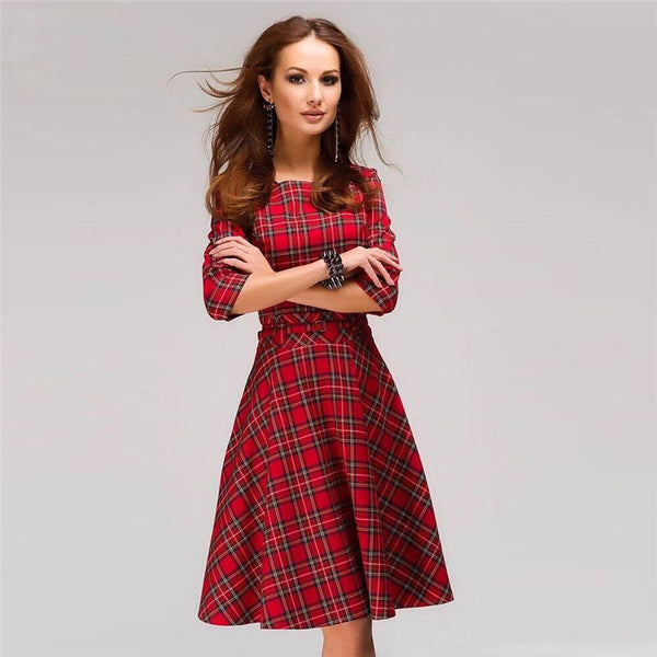 Scottish plaid red mini dress Elegant Three Quarter Sleeve O-neck
