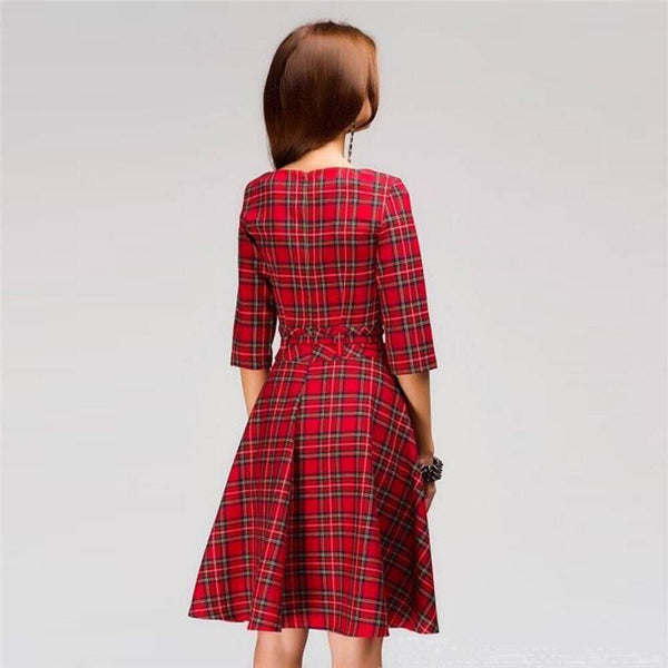 Scottish plaid red mini dress Elegant Three Quarter Sleeve O-neck