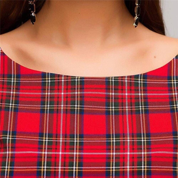 Scottish plaid red mini dress Elegant Three Quarter Sleeve O-neck