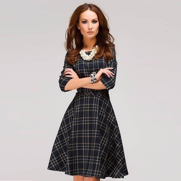 Scottish plaid red mini dress Elegant Three Quarter Sleeve O-neck